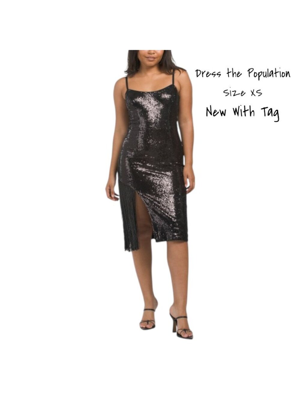 Dress the Population Sequin Fringe Cocktail Midi Dress Black Size XS New